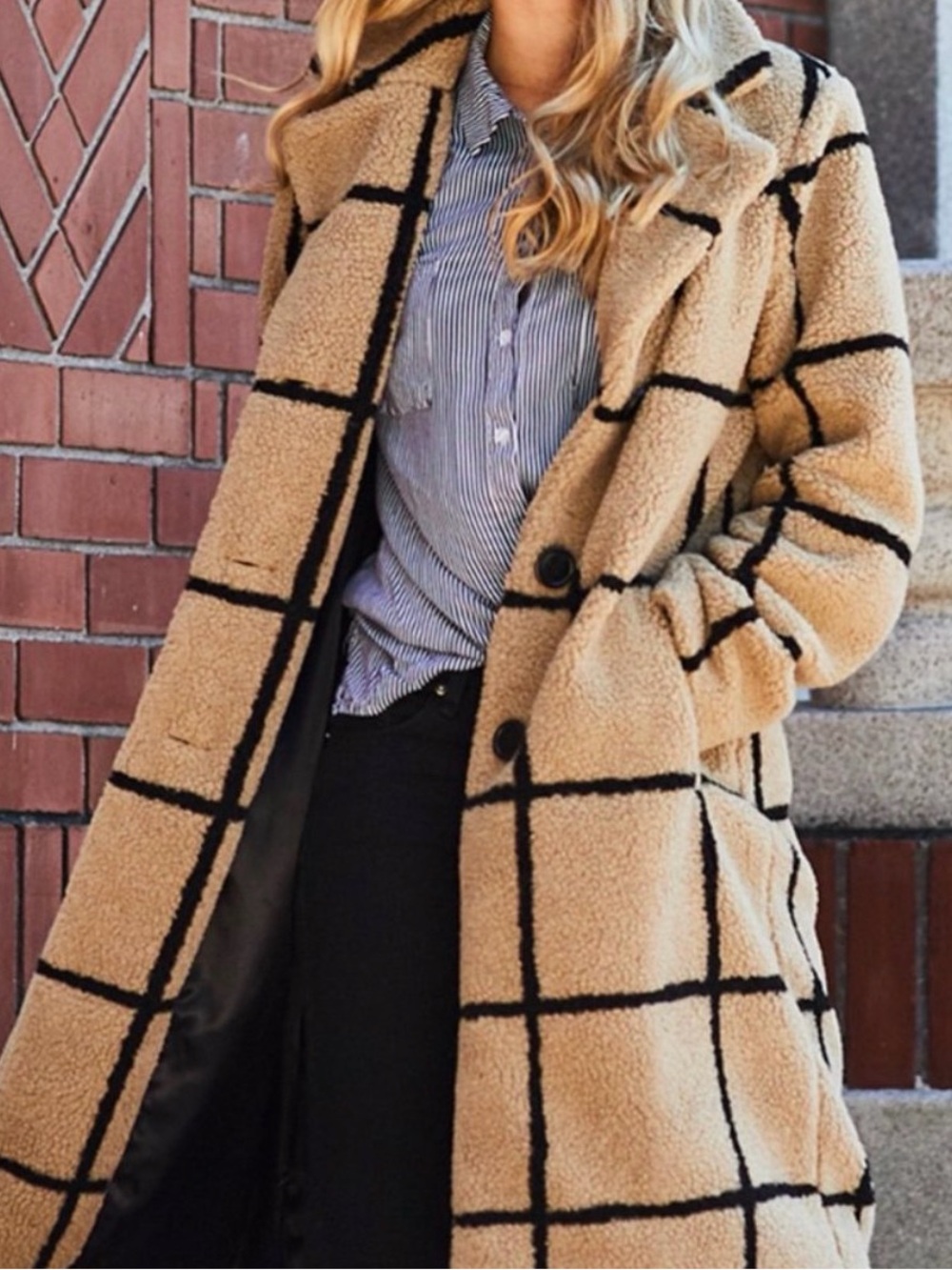 Jessica Simpson Camel Teddy Plaid Coat with Black Grid